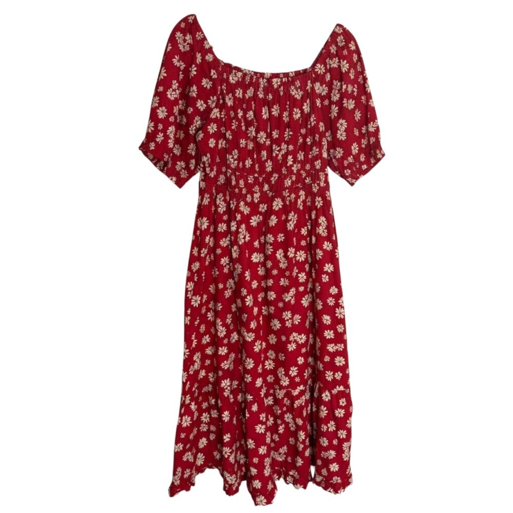 Indigo Rose Tiered Midi Dress Boho Daisy Puff Sleeve Floral Red White XL bv